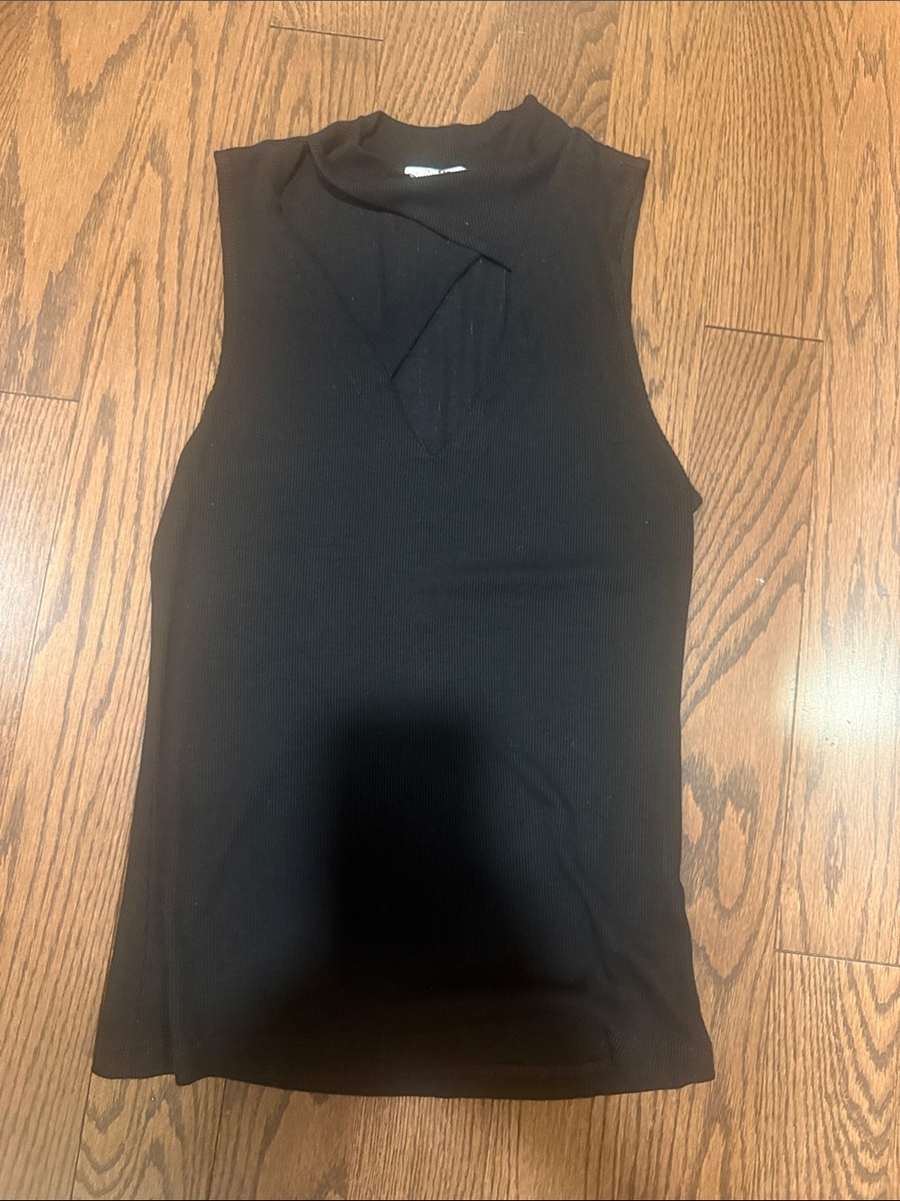 LNA Black Ribbed Mock Neck Sleeveless Tank with Front Keyhole Cutout
